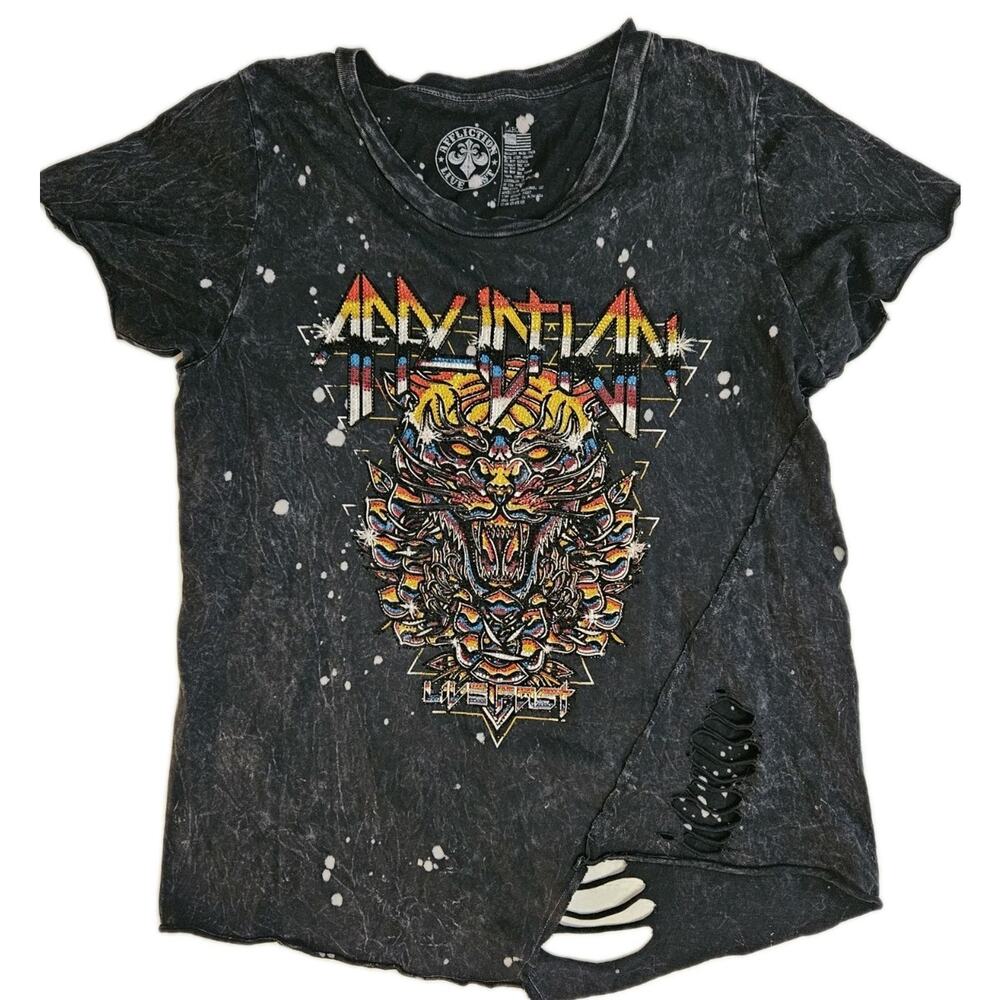 Affliction Rhinestone Shirt Women's Large Distressed Destroyed Live Fast Panther